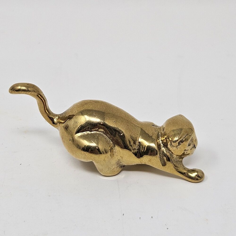 Brass CAT FIGURINE Miniature Lucky Charm Collectible Animal Statue